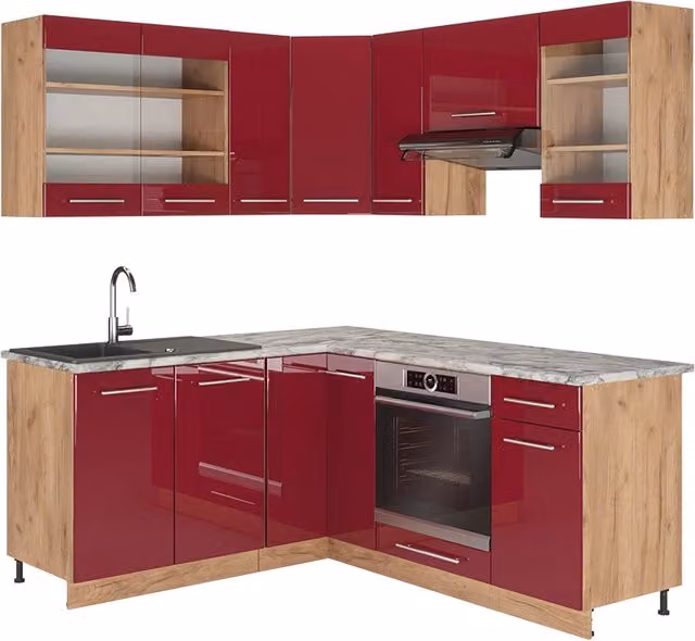 Cucina angolare moderna Vicco Fame-Line Bordeaux lucido e Rovere dorato L/P/H: 190 x 160 x 60 cm – 1
