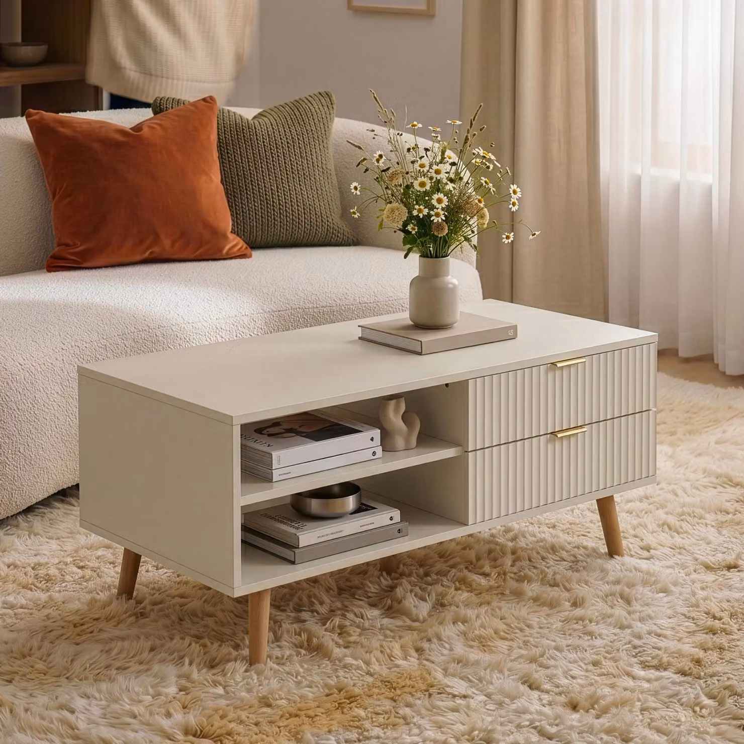 Tavolino "Nand" con 2 cassetti, dimensioni 100 x 50 x 45 cm, colore sabbia