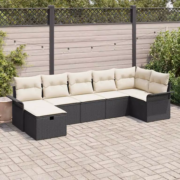Set Divano da Giardino vidaXL 7 Pezzi in Poly Rattan con Cuscini Beige e Nero