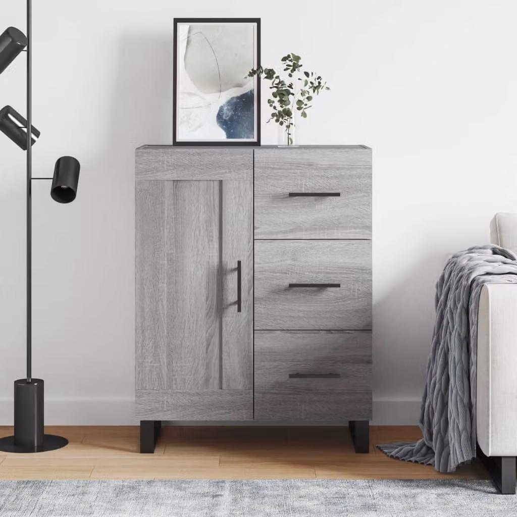 Credenza moderna vidaXL in legno multistrato e metallo, Grigio Sonoma, L: 69,5 cm, P: 34 cm, H: 90 cm