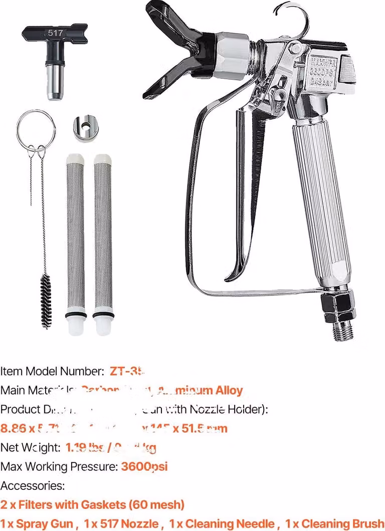 Pistola a spruzzo senza aria, pressione 3600 PSI, compatibilità ugelli, blu