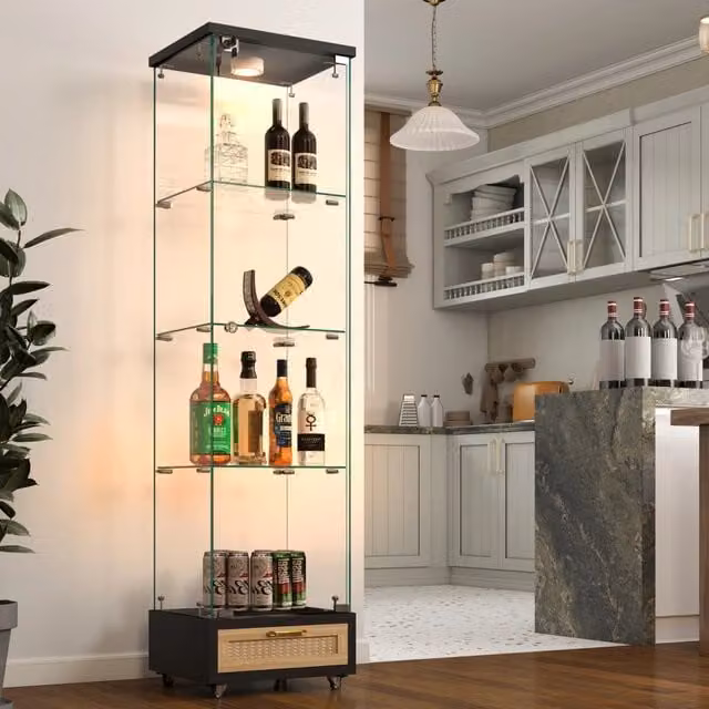 Vetrina con illuminazione LED a 13 colori; vetro temperato e MDF; cassetti; vani con serratura e ruote; nera