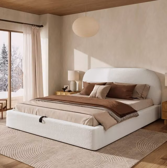 Letto 180x200 cm con vano contenitore idraulico e rete a doghe in boucl¨¦ beige