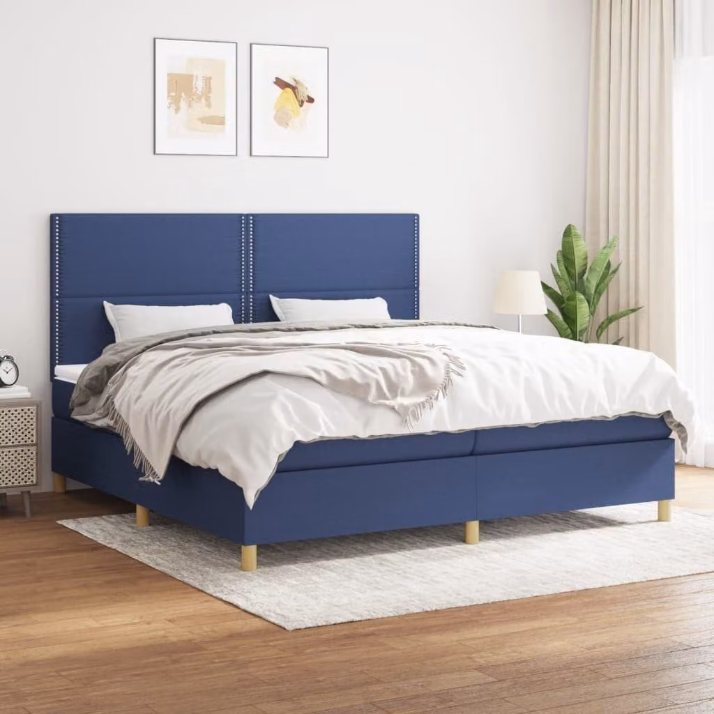The Living Store Letto a molle con materasso blu 200x200 cm in tessuto