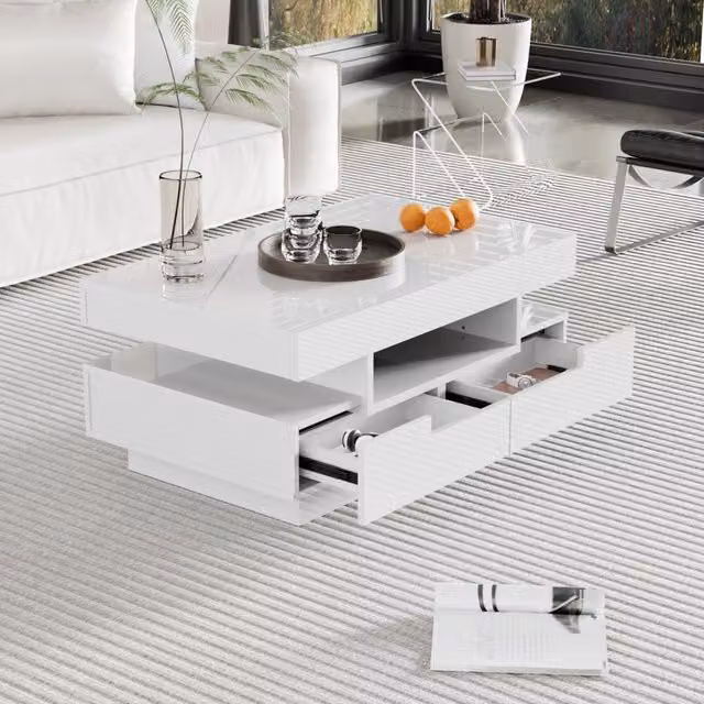 Tavolino da caffè bianco lucido con LED regolabile, 4 cassetti e 3 vani, 80x50x36 cm