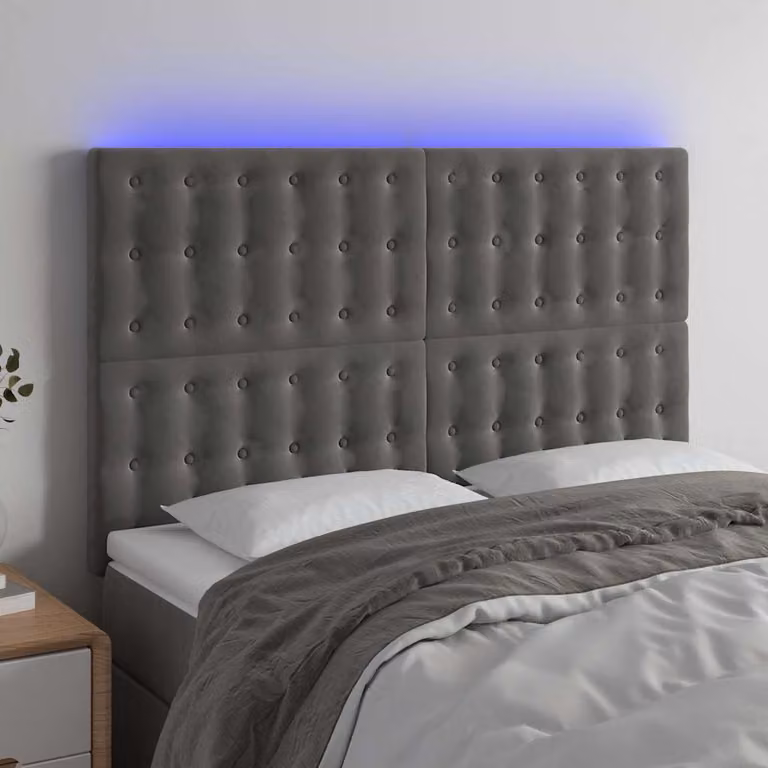 Testiera per letto vidaXL in velluto grigio con illuminazione LED e porta di ricarica USB, L: 144 cm, P: 5 cm, H: 118/128 cm