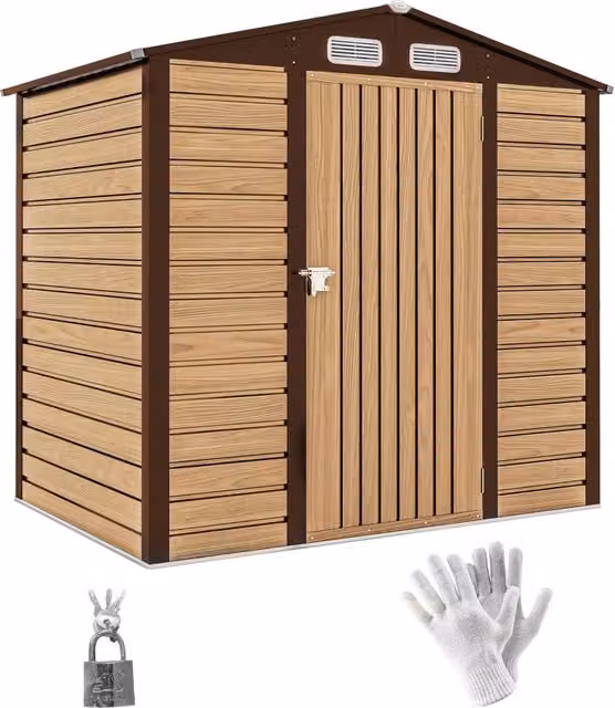 Casetta da giardino 190 x 131 x 188 cm porta sicura ventilazione anticondensa contemporanea in acciaio zincato rovere 21_0005461