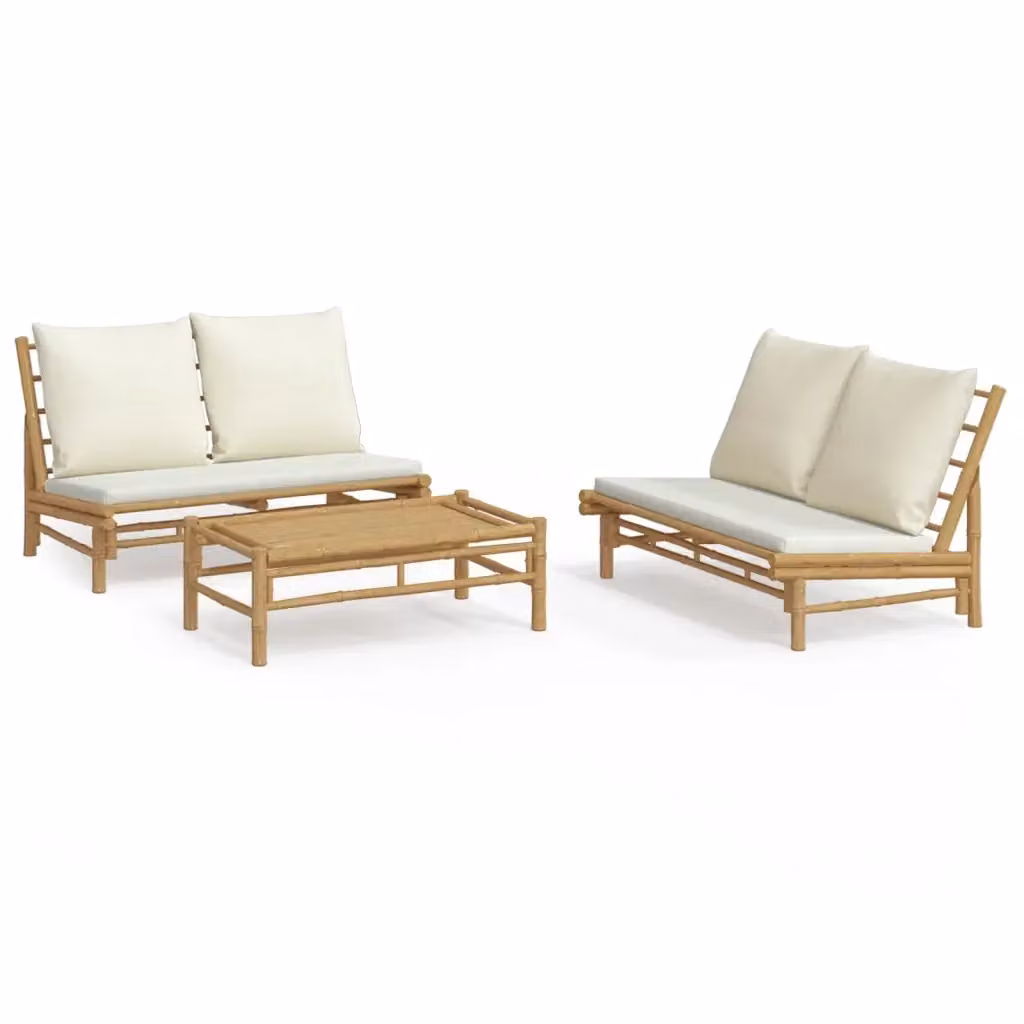 Set Salotto da Giardino vidaXL in Bambù con Divano a 2 Posti, Tavolino e Cuscini Bianco e Beige – 2