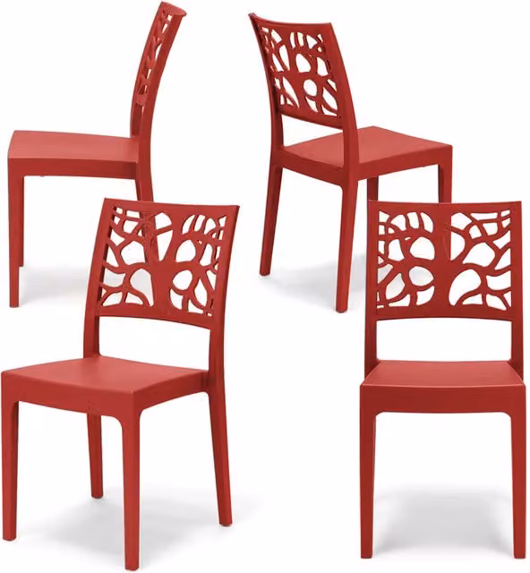 Set 4 sedie in polipropilene TETI, impilabile, resistente ai raggi UV, design moderno, ideale per sala da pranzo, cucina, sala d’attesa, bar, ristoranti o giardino, colore Rosso