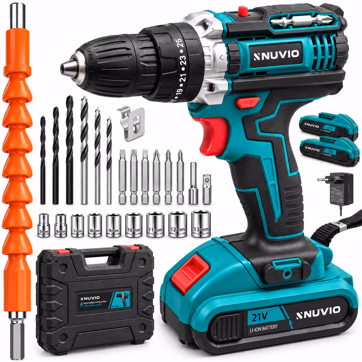 Trapano avvitatore a batteria a percussione, 2 batterie da 1,5 Ah, 21V, set completo con valigetta