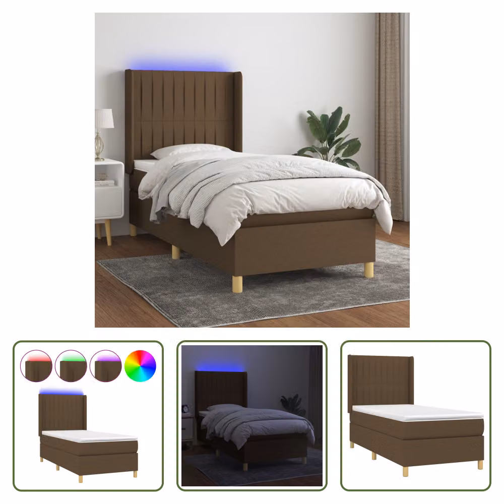 The Living Store Letto a molle con materasso e LED in tessuto marrone scuro 90x190 cm