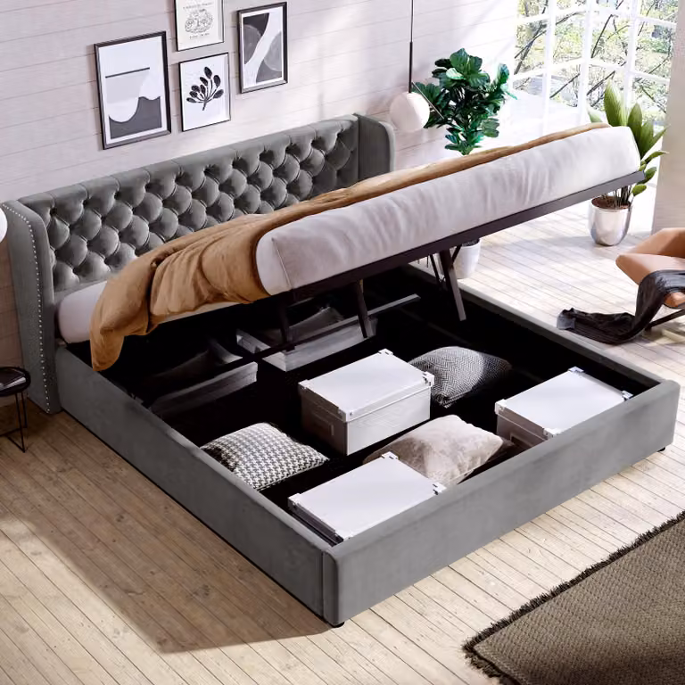 okwish Letto matrimoniale 180×200 cm con contenitore idraulico, letto funzionale, letto per bambini con contenitore e materasso, rivestimento in velluto, grigio, incluso materasso