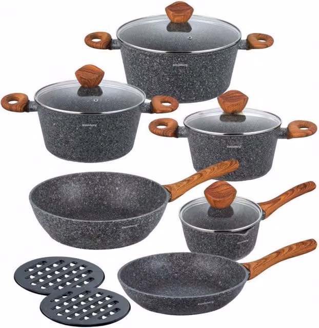 Klausberg KB-7242 Set di pentole antiaderenti in granito e alluminio da 12 pezzi, colore grigio