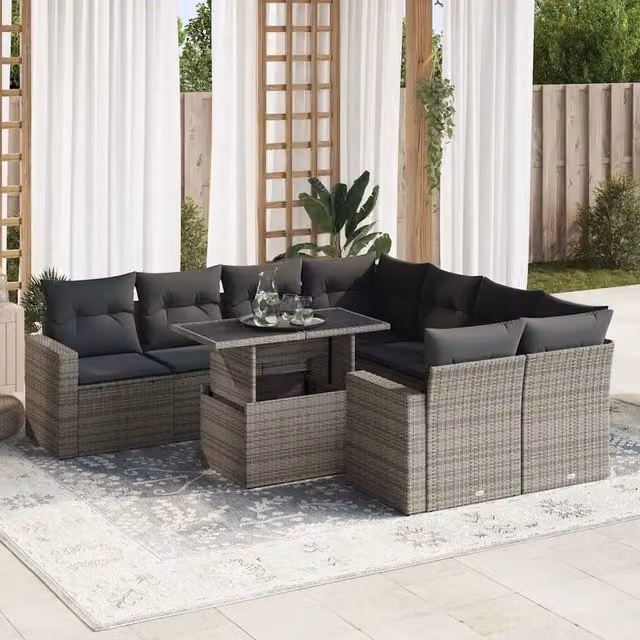 Set Divano da Giardino 9 pz vidaXL in Polyrattan Grigio con Cuscini e Tavolino – 1