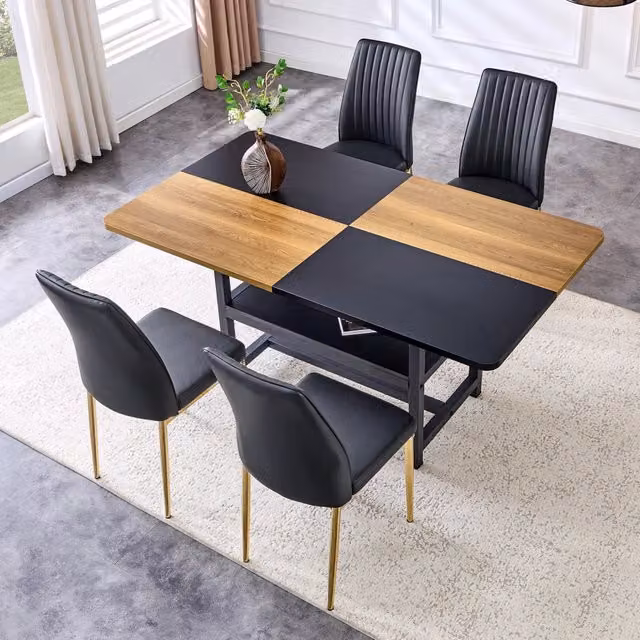 Tavolo da pranzo per 4 persone con vano contenitore e 4 sedie in PU per cucina e sala da pranzo moderno nero e oro