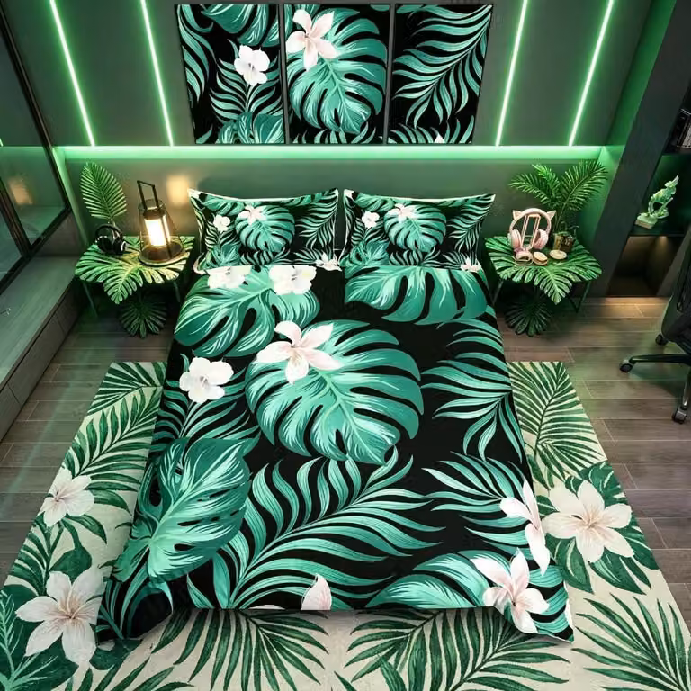 Omgoods - Set di lenzuola con copripiumino a tema foglie tropicali, misura king size
