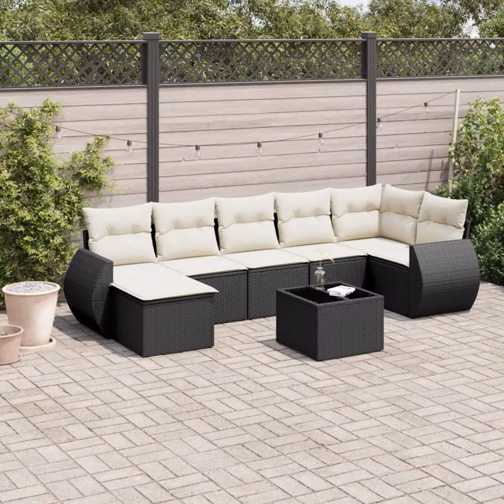 vidaXL Set Divani da Giardino in Polyrattan Nero con 7 Cuscini e Ottoman – 1