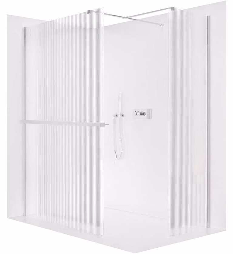 Pannello doccia angolare Walk-in Onyx T L/P - 8 mm - montante quadrato + ripiano/portasciugamani - cromato, vetro smerigliato - 80x60x200 cm