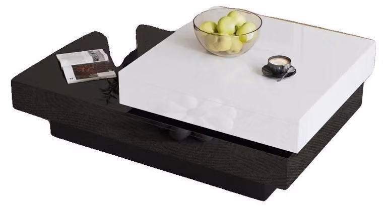Tavolino da caffè, piano girevole a 360°, portata 30 kg, bianco + nero