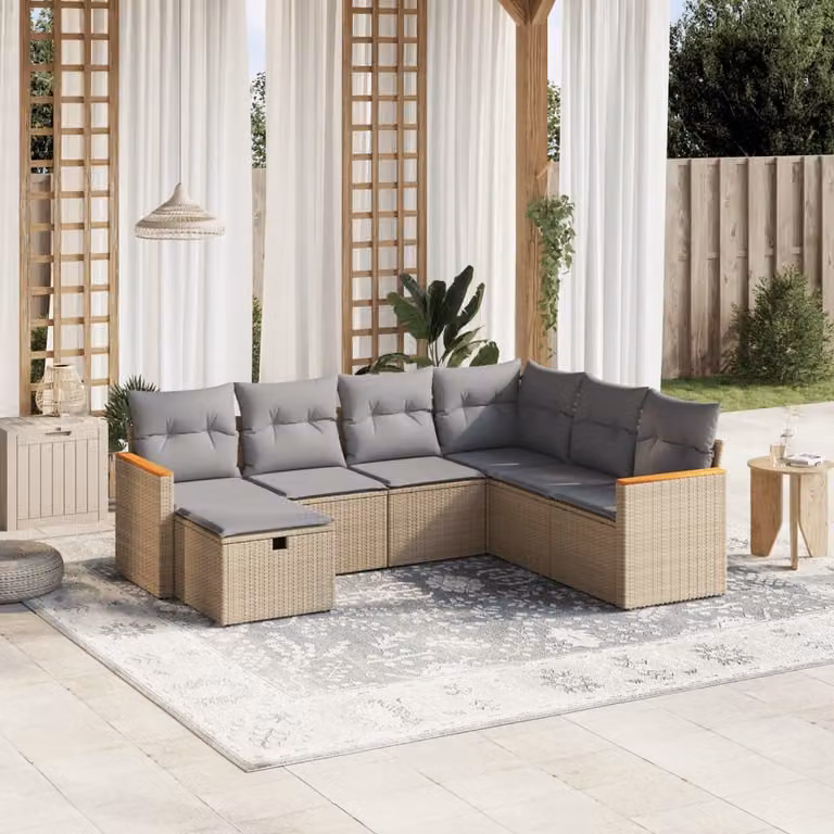 vidaXL Set Divano da Giardino 7 pz a L con Cuscini Beige e Grigio in Polyrattan e Acciaio