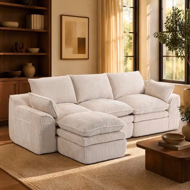 Divano Modulare REDOM a 3 posti con Pouf e Cuscini, Design Moderno a L, Rivestimento in Velluto a Costine Beige, L/P/H: 263 x 167 x 85 cm