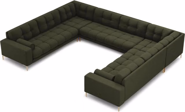 Divano panoramico Bali da 9 posti Cosmopolitan Design in tessuto verde e oro con struttura in metallo e forma a L – 1