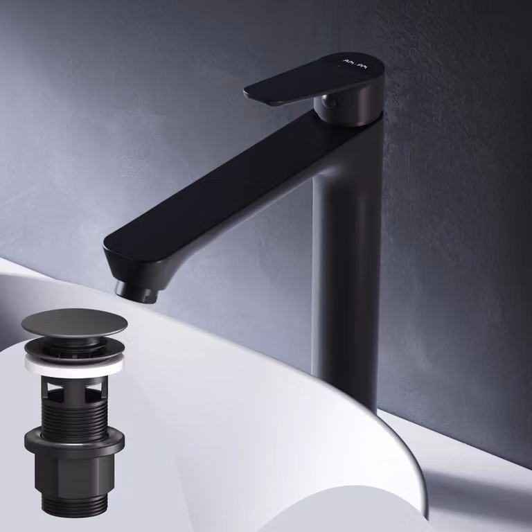 Rubinetto per lavabo, finitura nera opaca, bocchetta da 193 mm, installazione a foro singolo, completo di gruppo di scarico