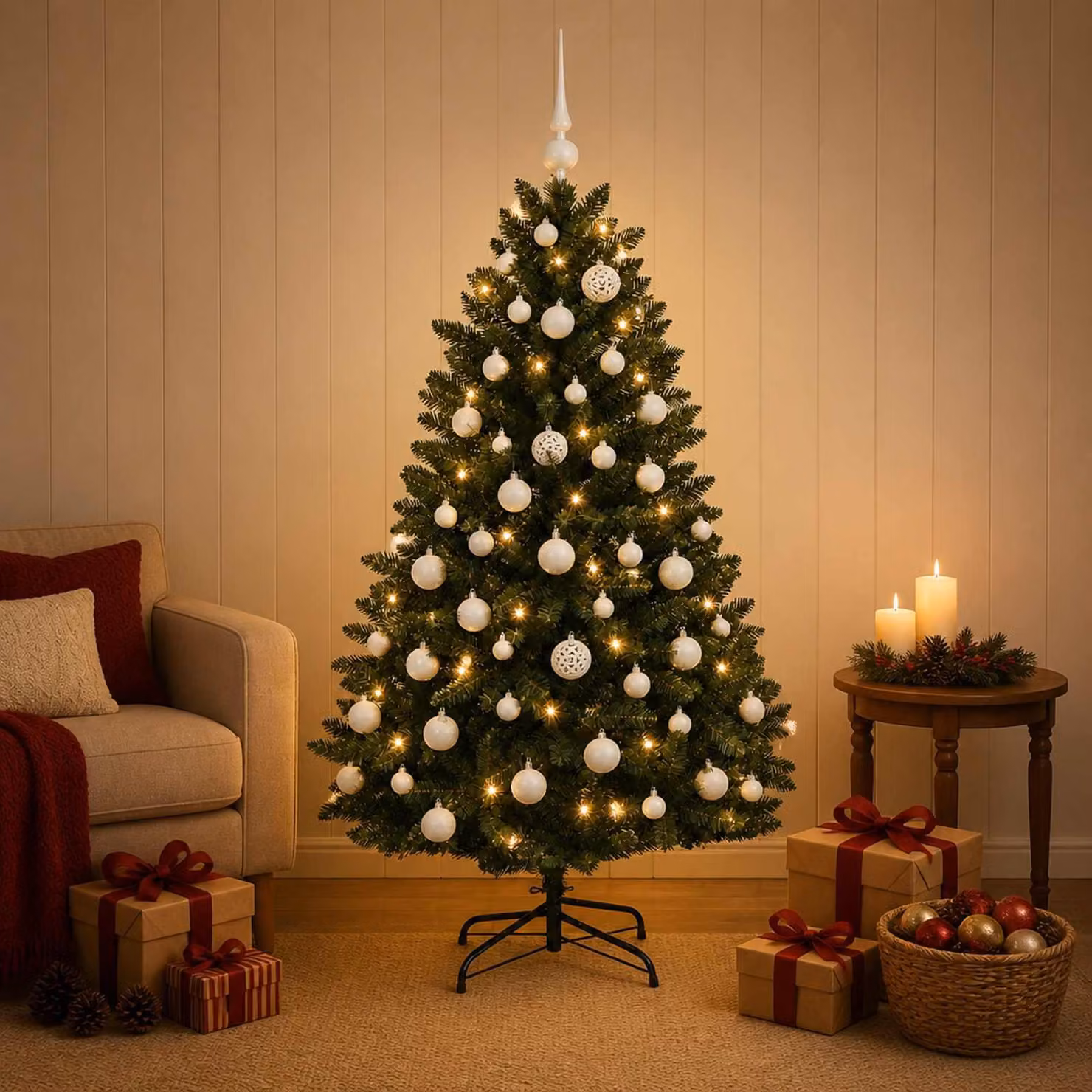 Albero di Natale artificiale, verde scuro, con decorazioni a forma di palline, altezza 150 cm