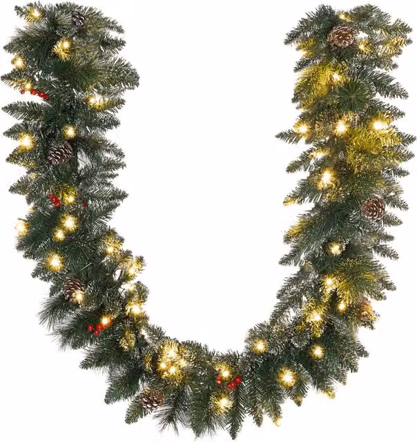 Ghirlanda Natalizia HOMCOM con 50 Luci LED Bianco Caldo e Decorazioni, Verde e Rosso, L 180 x P 30 x H 30 cm