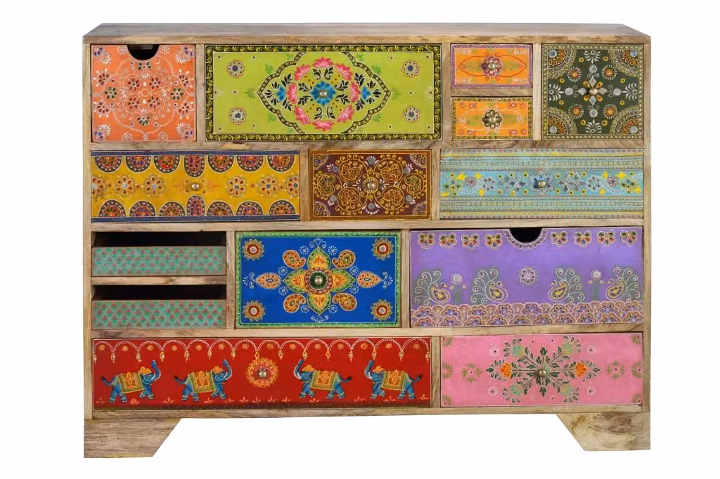Armadio a due ante in legno di mango Giner y Colomer con cassetti integrati, stile etnico multicolore, L: 120 cm, P: 40 cm, H: 90 cm – 2