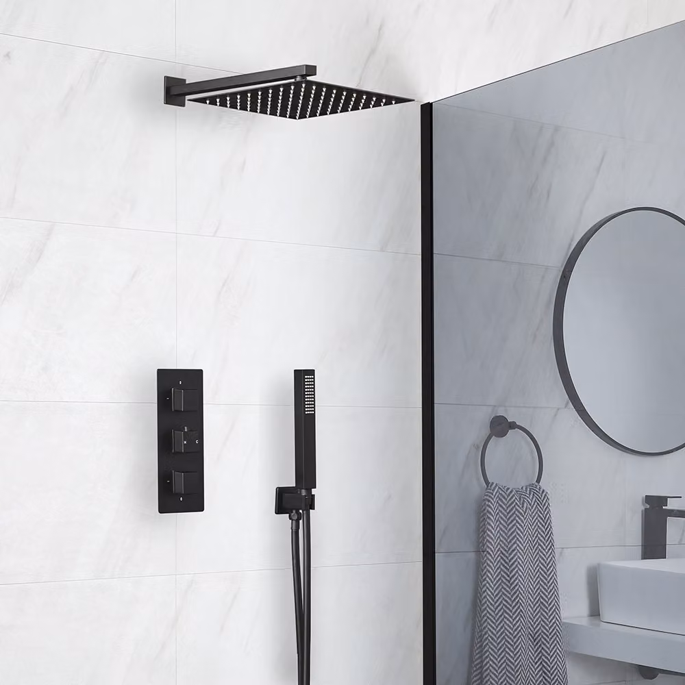 Sistema Doccia Termostatico Nero con Soffione Quadrato da 300mm e Doccetta (2 Vie) - Preto