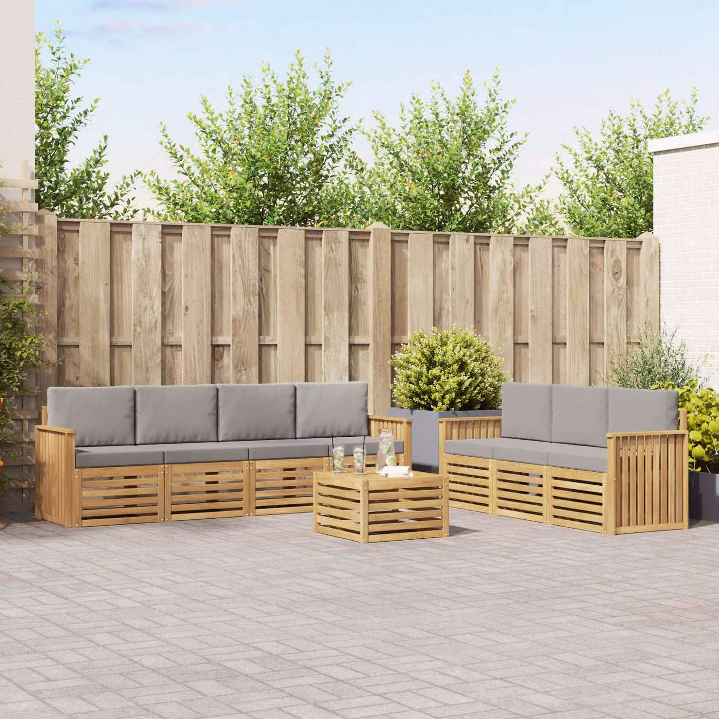 Set da giardino vidaXL composto da 8 pezzi con divani, tavolino da caffè e cuscini in legno di acacia trattato, colori bianco e grigio