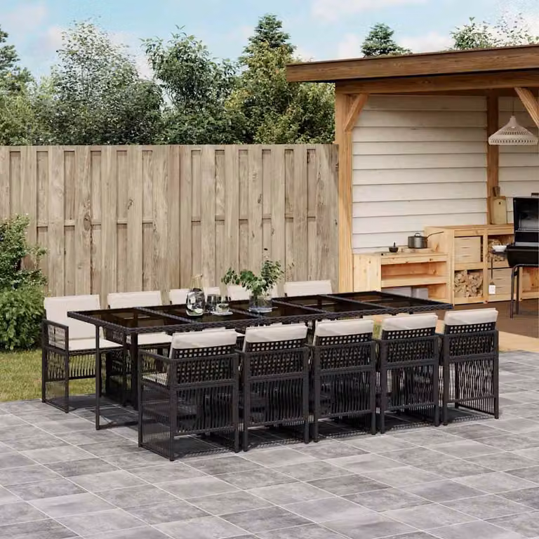 vidaXL Set da Pranzo da Giardino 11 pz in Polyrattan con Piano in Vetro e Cuscini Nero