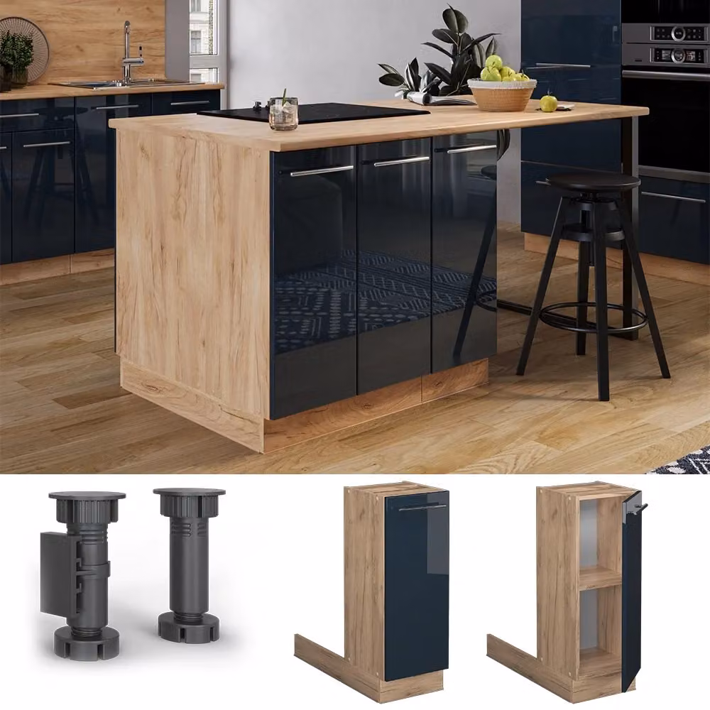 Armadietto base da cucina Vicco Fame-Line Blu scuro lucido e Rovere dorato, L: 30 cm – 2