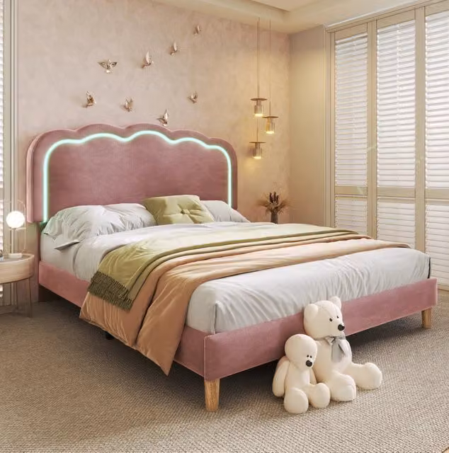Letto matrimoniale imbottito rosa 140x200 cm con testiera LED regolabile e rete a doghe