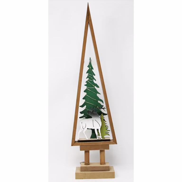 Albero di Natale decorativo in legno con LED in marrone verde con supporto H 68cm