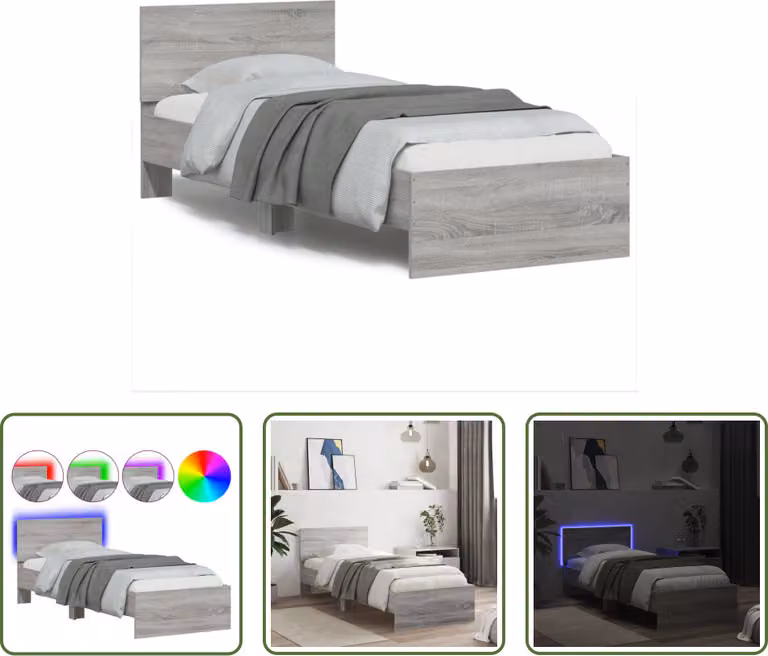 The Living Store Struttura letto con testiera e luci LED Grigio Sonoma 90x200 cm