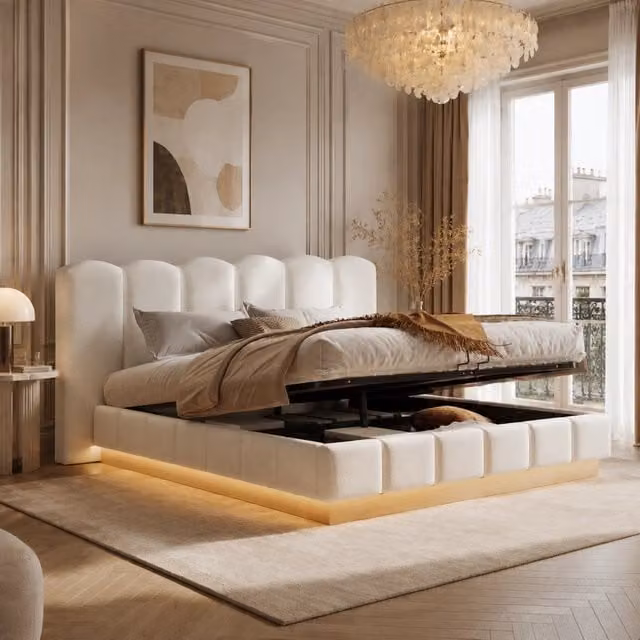 Letto contenitore imbottito in boucl¨¦ 180 x 200 cm, letto matrimoniale con contenitore idraulico, LED, testiera nuvola e rete a doghe, bianco