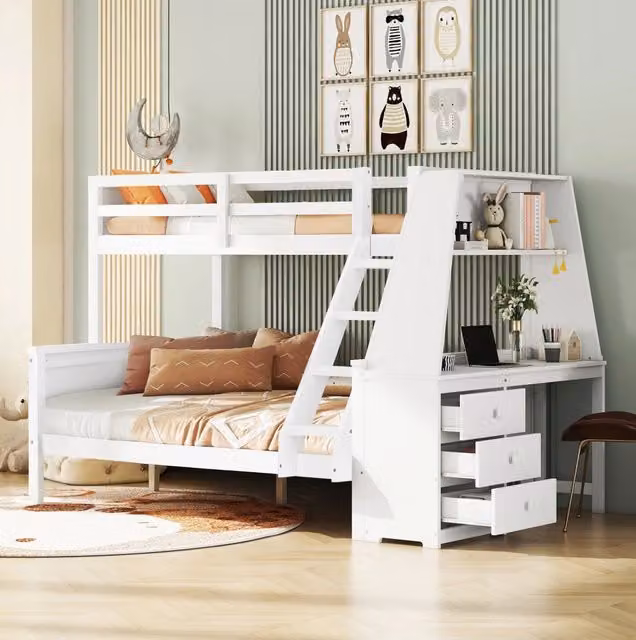 Letto a castello per bambini 90x200cm + 140x200cm con scrivania, ampio spazio di archiviazione, struttura in pino bianco