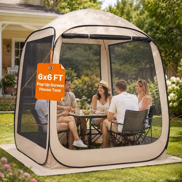 Tenda Gazebo da Campeggio Trasparente Beige 1825 x 1825 x 2200 mm per 4-6 Persone con Lati in Rete e Borsa per Giardino
