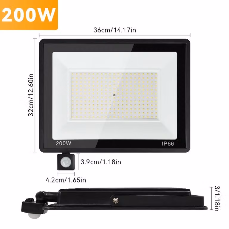 Faretto LED da esterno - 200 W, 1 pezzo - Sensore di movimento PIR - 220 V AC - Grado di protezione IP65 - Alluminio - Luce bianca fredda - Illuminazione esterna