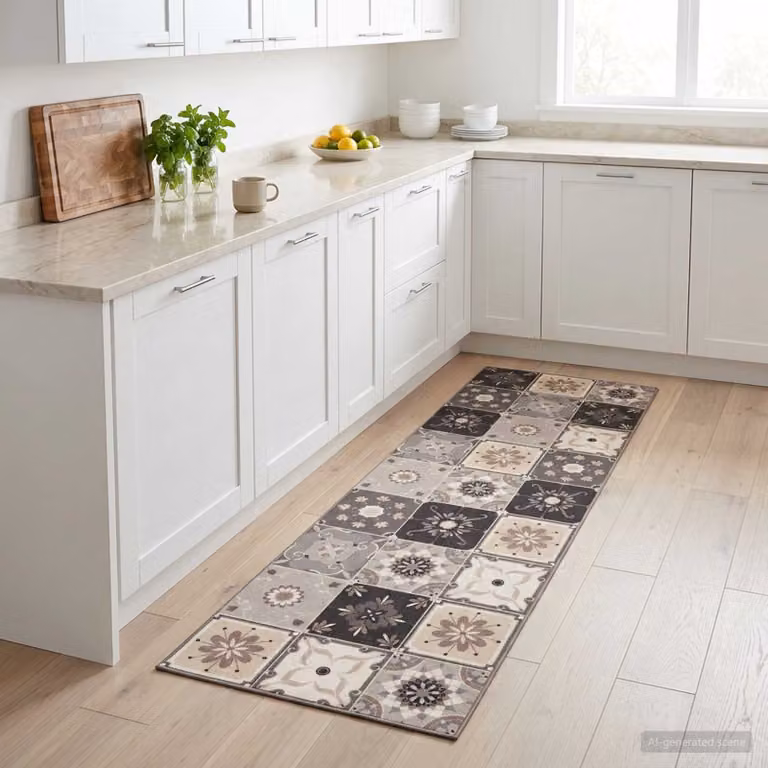 vidaXL Tappeto da cucina moderno con motivo mosaico grigio e beige, lavabile e antiscivolo, L: 300 cm, P: 60 cm