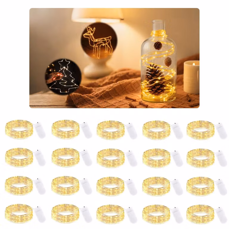 Catena luminosa a micro-LED, 2 metri, 20 LED bianco caldo, alimentata a batteria