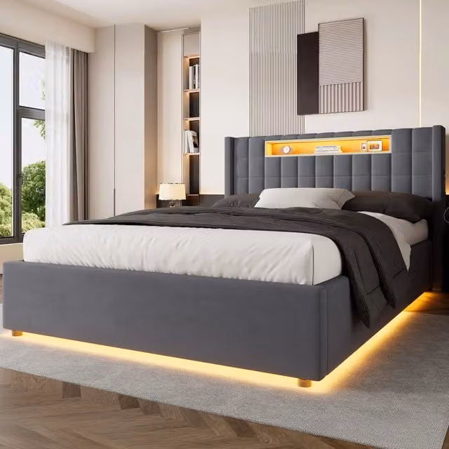 Letto 140x200 cm a contenitore in velluto grigio; testiera con nicchia; LED; porte USB e Type-C; sommier incluso