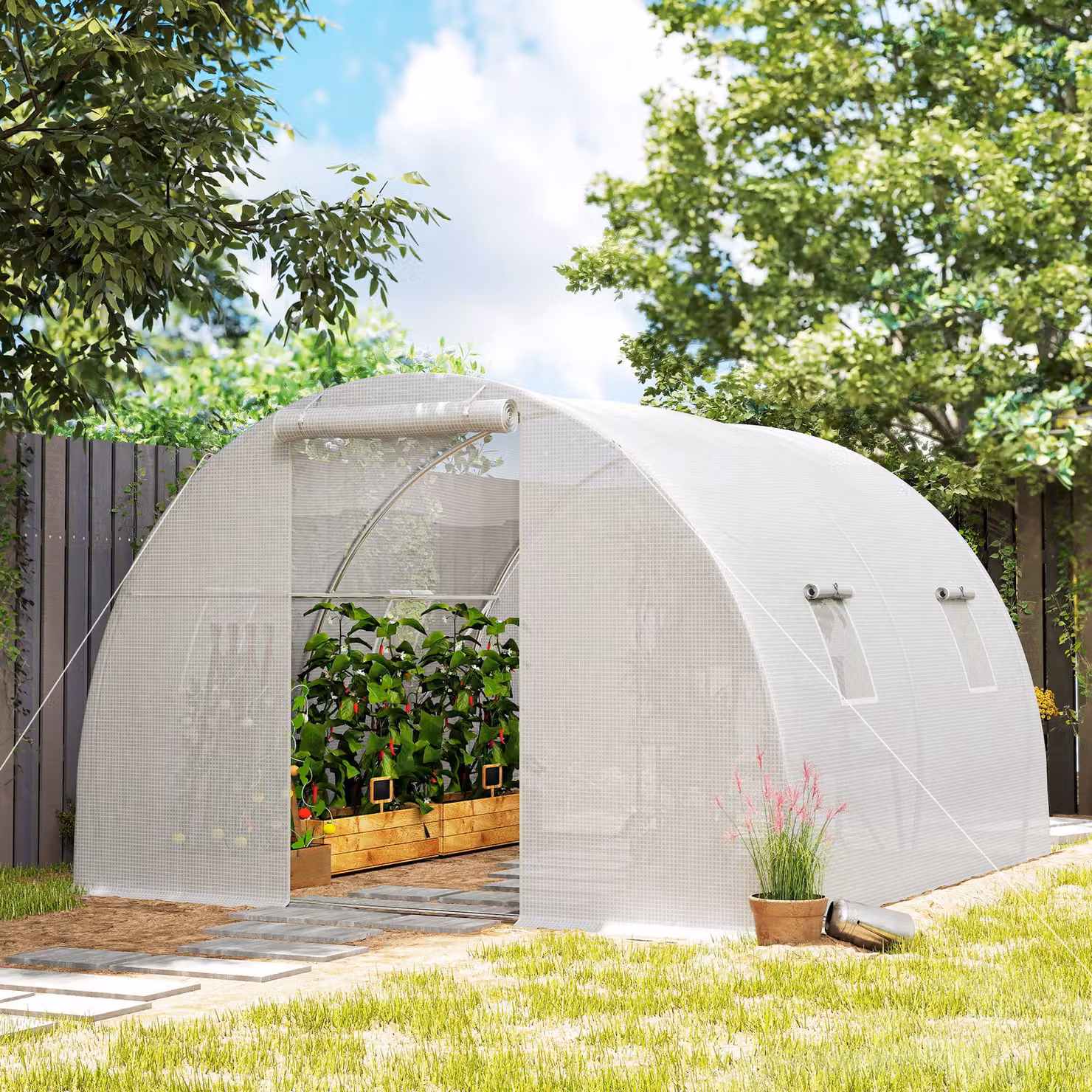 Serra da giardino a tunnel Outsunny con 4 finestre e porta con zip, telaio in acciaio galvanizzato e telo PE bianco, L/P/H: 3 x 3 x 2 m – 2