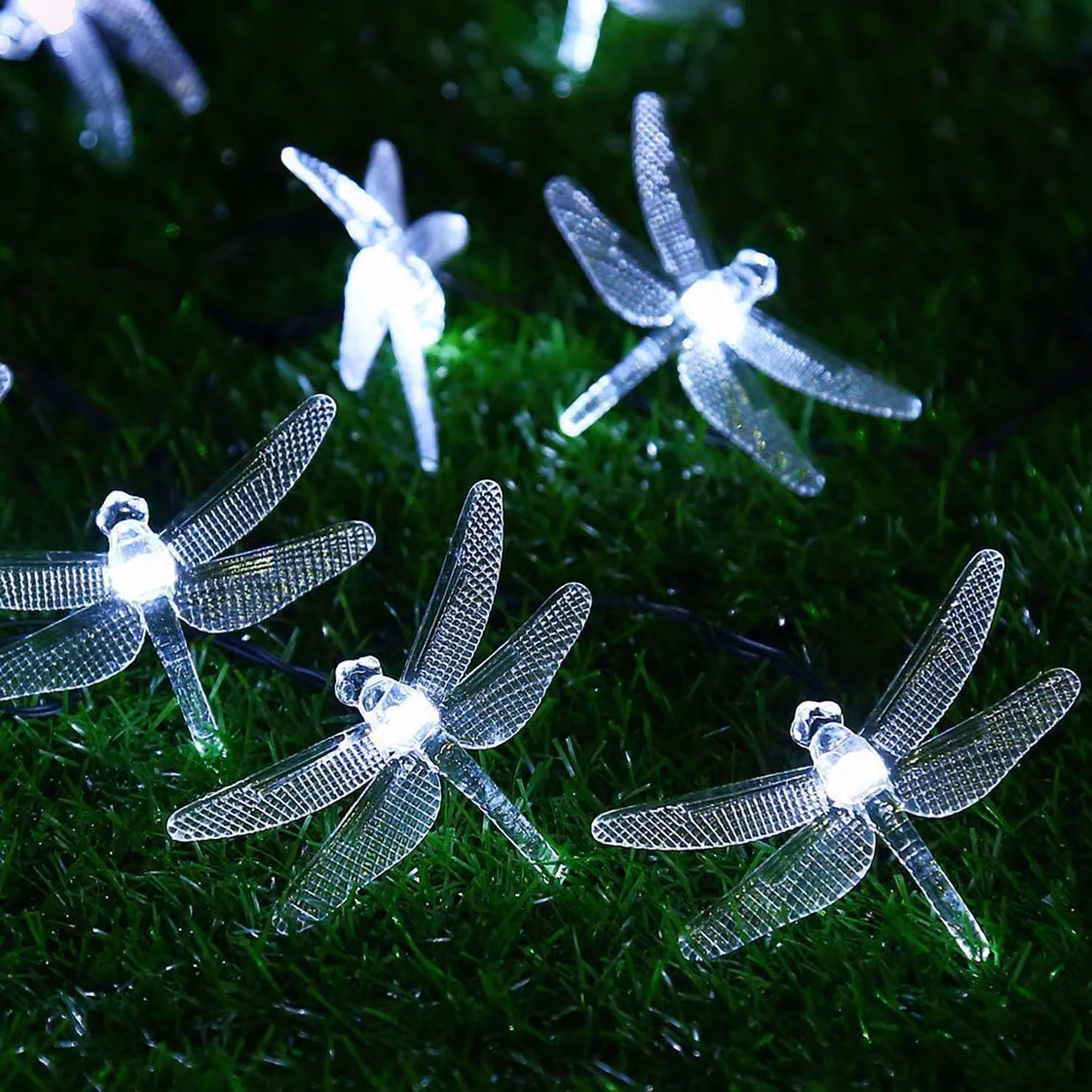 Catena luminosa solare a forma di libellula, 5 metri, 20 LED, grado di protezione IP65, 8 modalità, luce bianca fredda