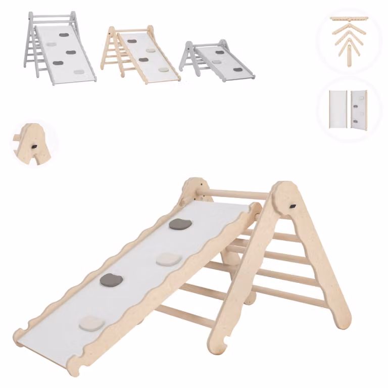Struttura di arrampicata per interni MAMOI®, triangolo di arrampicata con scivolo in legno, torre di arrampicata con tavola di scivolo, scivolo per bambini ad arco di arrampicata, frusta arcobaleno