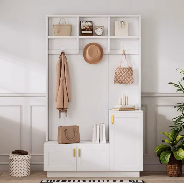 Set appendiabiti con panca e porta scarpe bianco, 3 ganci, ripiani aperti, 120x40x200 cm