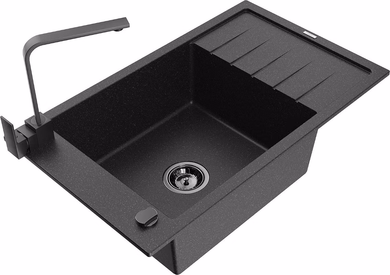 Mexen Elias lavello in granito a 1 vasca con sgocciolatoio e rubinetto da cucina Rita, nero/argento metallizzato