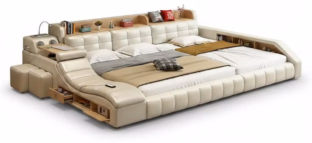 Letto multifunzionale, stile moderno, color beige, struttura in legno, comodo